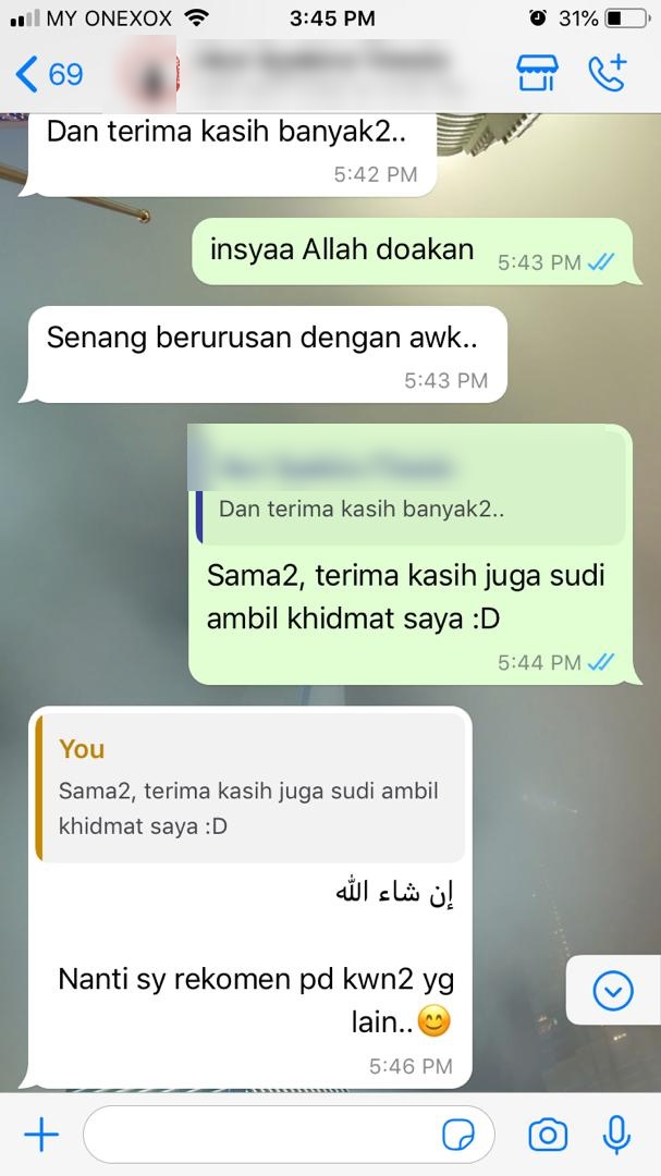 Tangkapan skrin testimoni WhatsApp klien Renaskah, nama disamarkan