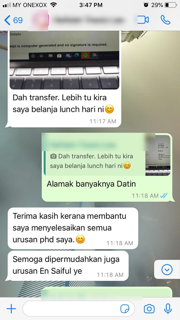 Tangkapan skrin testimoni WhatsApp klien Renaskah, nama disamarkan