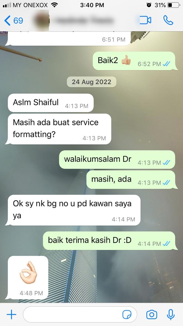 Tangkapan skrin testimoni WhatsApp klien Renaskah, nama disamarkan