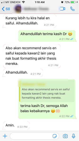Tangkapan skrin testimoni WhatsApp klien Renaskah, nama disamarkan